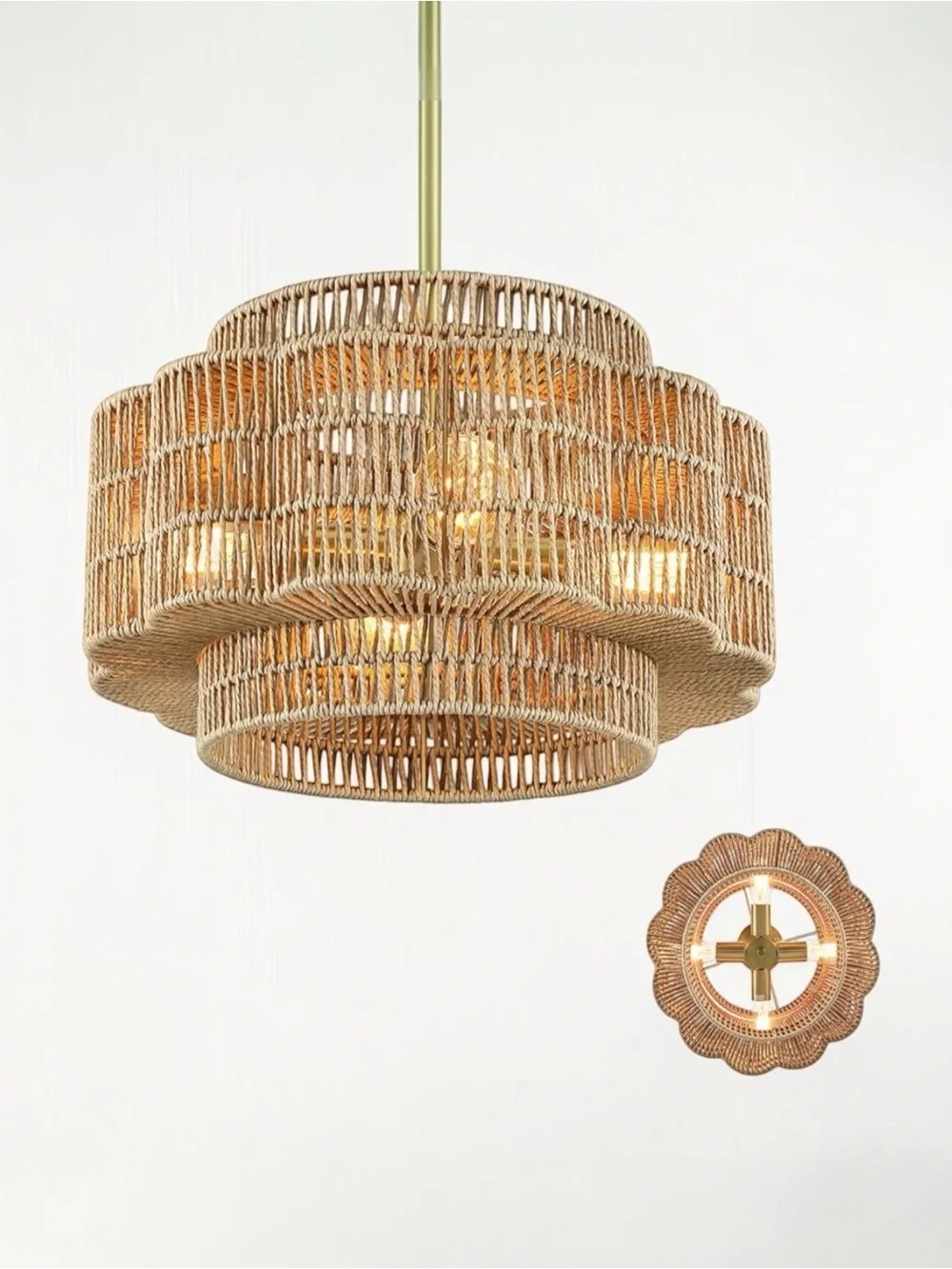 NEW West Elm XL 4-Light Petal Boho Rattan Woven Chandelier Hanging Light Fixture